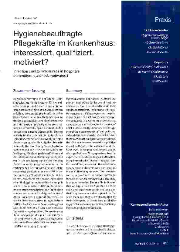 Vorschauseite 1: Hygienebeauftragte Pflegekräfte im Krankenhaus: interessiert, qualifiziert, motiviert?