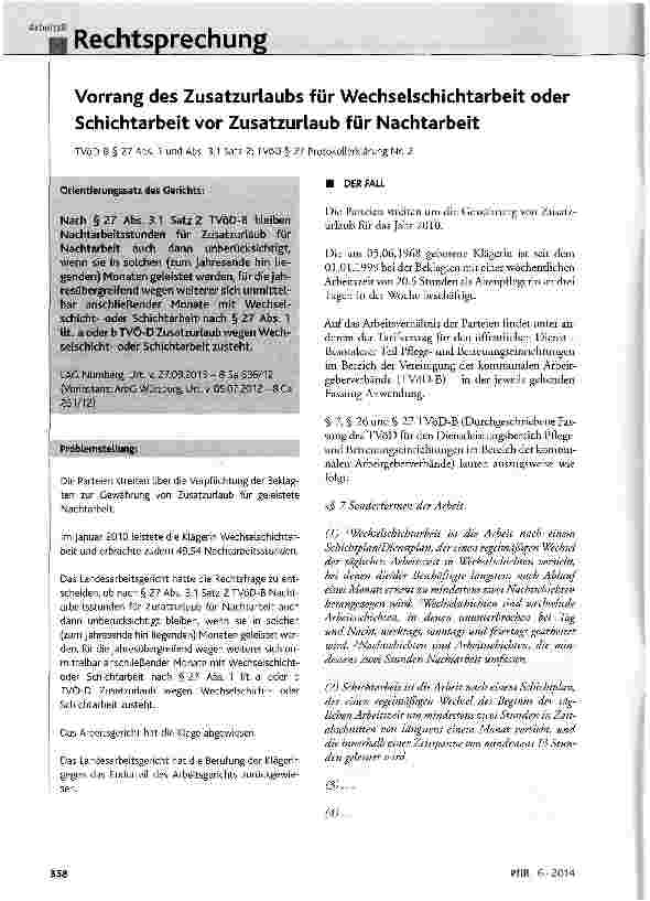 Vorschauseite 1: Vorrang des Zusatzurlaubs für Wechselschichtarbeit oder Schichtarbeit vor Zusatzurlaub für Nachtarbeit TVöD-B § 27 Abs. 1 und Abs. 3. 1 Satz 2; TVöD § 27 Protokollerklärung Nr. 2