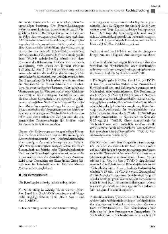 Vorschauseite 6: Vorrang des Zusatzurlaubs für Wechselschichtarbeit oder Schichtarbeit vor Zusatzurlaub für Nachtarbeit TVöD-B § 27 Abs. 1 und Abs. 3. 1 Satz 2; TVöD § 27 Protokollerklärung Nr. 2