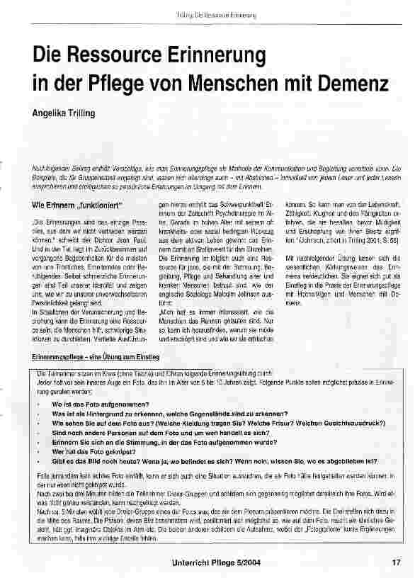 Vorschauseite 1: Die Ressource Erinnerung in der Pflege von Menschen mit Demenz