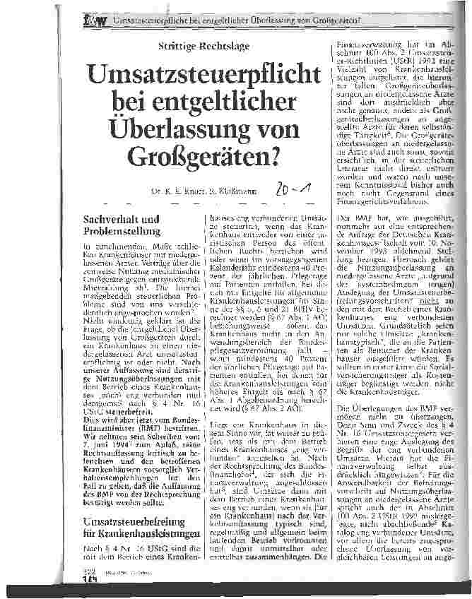 Vorschauseite 1: Umsatzsteuerpflicht bei entgeltlicher Überlastung von Großgeräten?