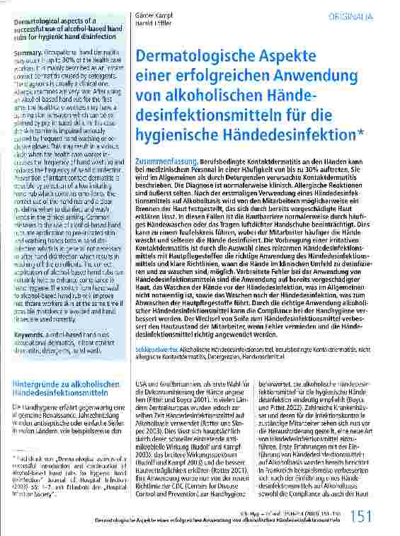Vorschauseite 1: Dermatologische Aspekte einer erfolgreichen Anwendung von alkoholischen Händedesinfektionsmitteln für die hygienische Händedesinfektion