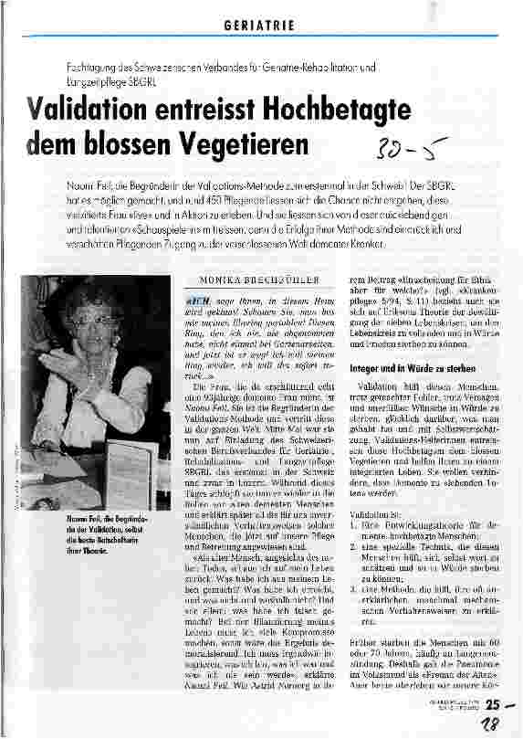 Vorschauseite 1: Validation entreißt Hochbetagte dem bloßen Vegetieren Fachtagung d. Schweizerischen Verbandes für Geriatrie-Reha und Langzeitpflege SBGRL