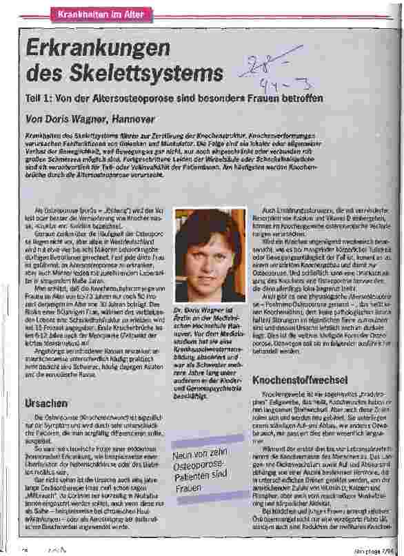 Vorschauseite 1: Erkrankungen des Skelettsystems Teil 1:Von der Altersosteoporose sind besonders Frauen betroffen