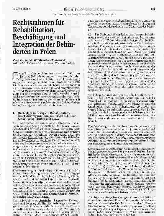 Vorschauseite 1: Rechtsrahmen für Rehabilitation, Beschäftigung und Integration der Behinderten in Polen