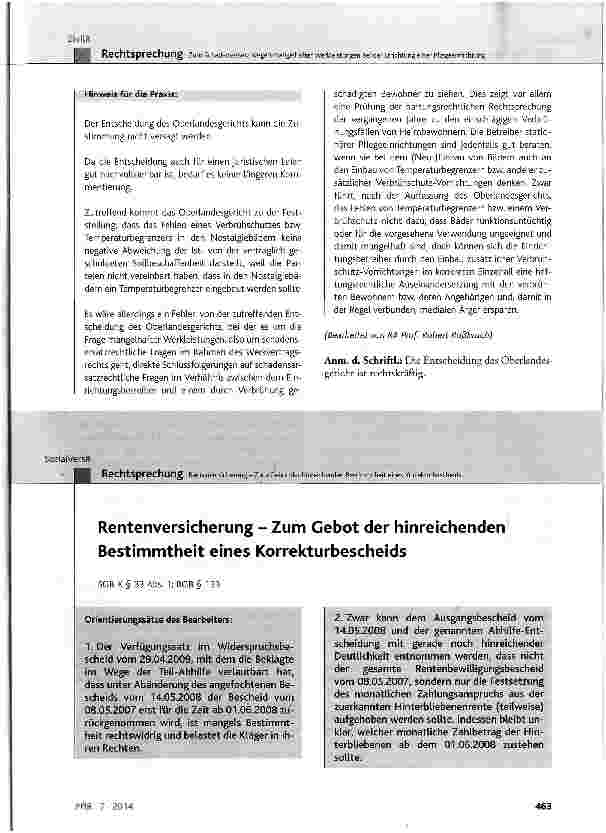 Vorschauseite 1: Rentenversicherung - Zum Gebot der hinreichenden Bestimmtheit eines KorrekturbescheidsSGBX§ 33 Abs. 1; BGB § 133