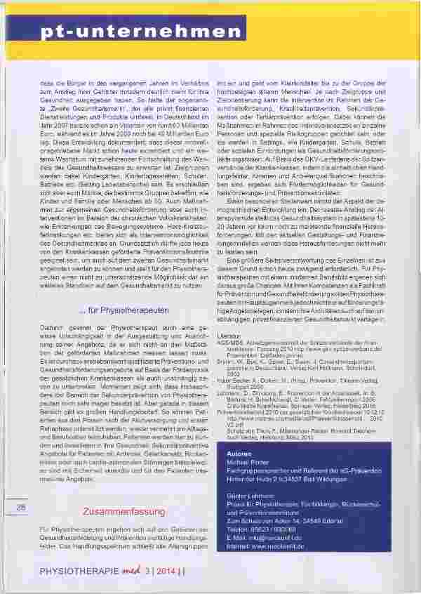 Vorschauseite 5: Gesundheit und Prävention Wege für die PT Möglichkeiten für die Physiotherapie-Praxis