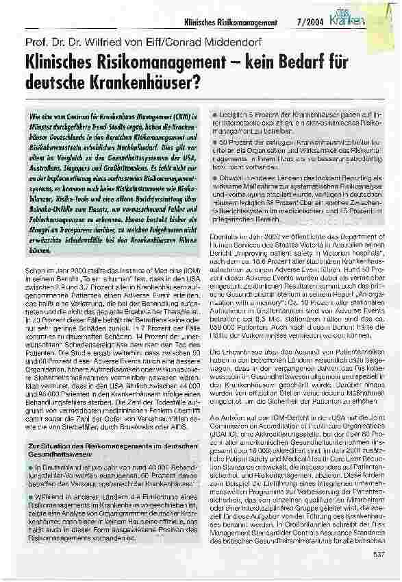 Vorschauseite 1: Klinisches Risikomanagement - kein Bedarf für deutsche Krankenhäuser?