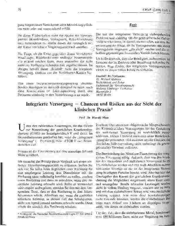 Vorschauseite 1: Integrierte Versorgung - Chancen und Risiken aus der Sicht der klinischen Praxis
