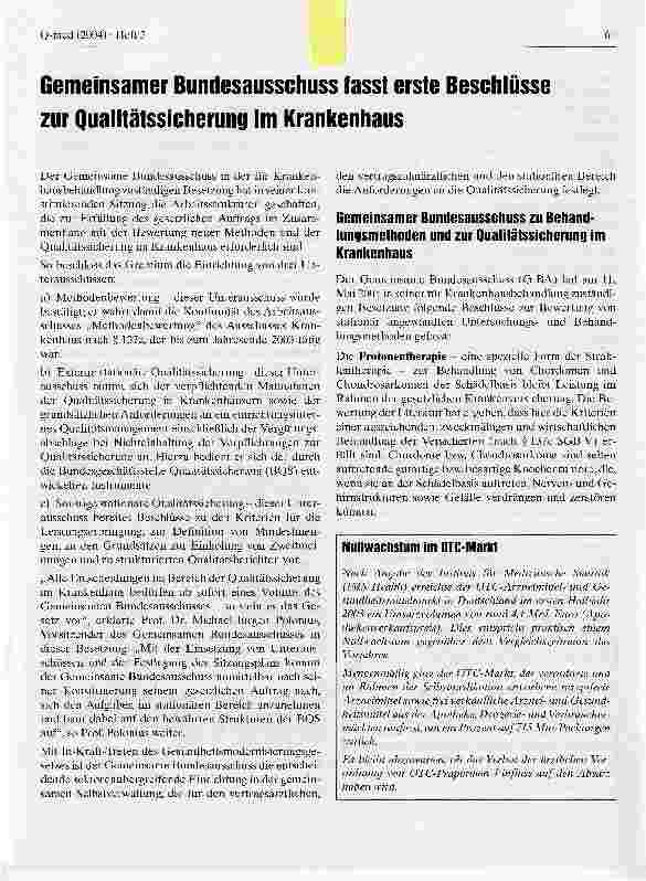 Vorschauseite 1: Gemeinsamer Bundesausschuss fasst erste Beschlüsse zur Qualitätssicherung im Krankenhaus