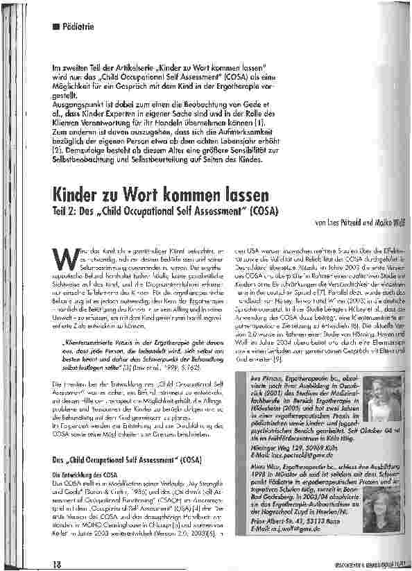 Vorschauseite 1: Kinder zu Wort kommen lassen. Teil 2: Das Child Occupational Seif Assessment (COSA)