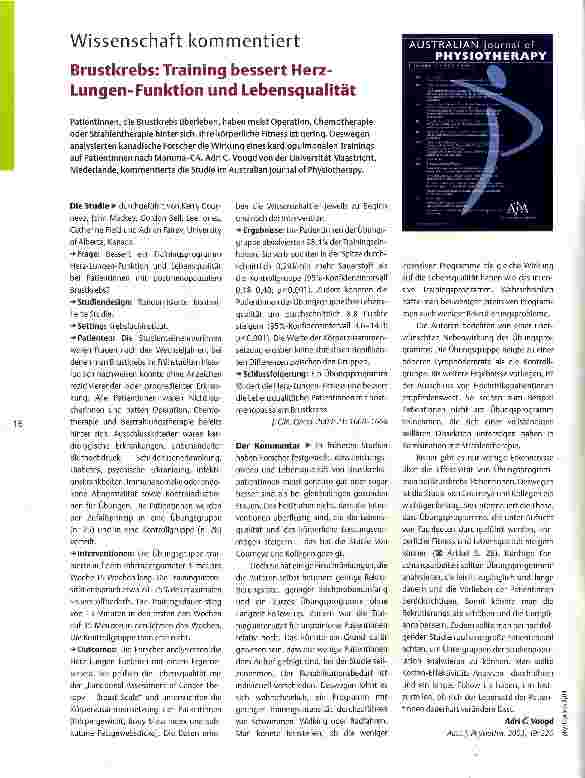 Vorschauseite 1: Wissenschaft kommentiert Brustkrebs: Training bessert Herz-Lungen-Funktion und Lebensqualität