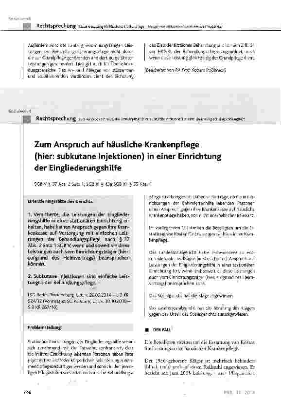 Vorschauseite 1: Zum Anspruch auf häusliche Krankenpflege (hier: subkutane Injektionen) in einer Einrichtung der Eingliederungshilfe SGB V § 37 Abs. 2 Satz 1; SGB XI § 43a SGB XII § 55 Abs. 1