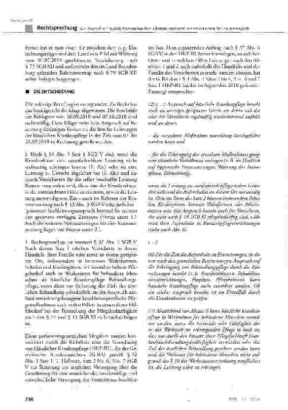 Vorschauseite 5: Zum Anspruch auf häusliche Krankenpflege (hier: subkutane Injektionen) in einer Einrichtung der Eingliederungshilfe SGB V § 37 Abs. 2 Satz 1; SGB XI § 43a SGB XII § 55 Abs. 1