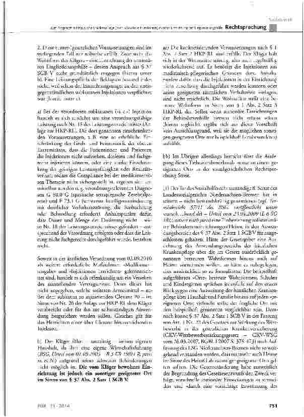 Vorschauseite 6: Zum Anspruch auf häusliche Krankenpflege (hier: subkutane Injektionen) in einer Einrichtung der Eingliederungshilfe SGB V § 37 Abs. 2 Satz 1; SGB XI § 43a SGB XII § 55 Abs. 1