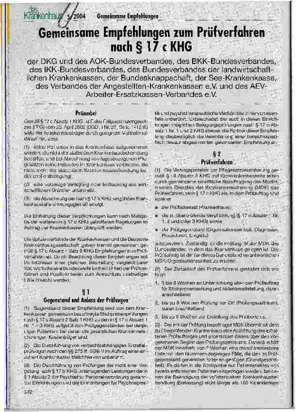 Vorschauseite 1: Gemeinsame Empfehlungen zum Prüfverfahren nach § 17 c KHG