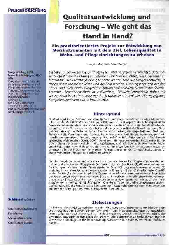 Vorschauseite 1: Qualitätsentwicklung und Forschung - Wie geht das Hand in Hand? Ein praxisorientiertes Projekt zur Entwicklung vonMessinstrumenten mit dem Ziel, Lebensqualität inWohnund Pflegeein…
