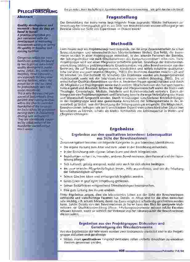 Vorschauseite 2: Qualitätsentwicklung und Forschung - Wie geht das Hand in Hand? Ein praxisorientiertes Projekt zur Entwicklung vonMessinstrumenten mit dem Ziel, Lebensqualität inWohnund Pflegeein…