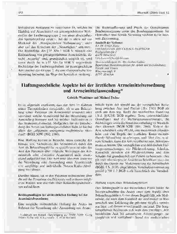 Vorschauseite 1: Haftungsrechtliche Aspekte bei der ärztlichen Arzneimittelverordnung und Arzneimittelanwendung