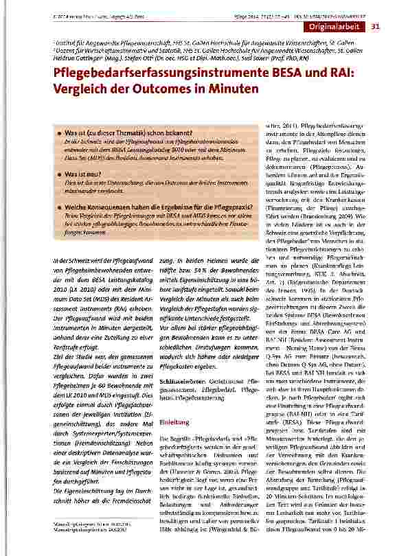 Vorschauseite 1: Pflegebedarfserfassungsinstrumente BESÄ und RAI: Vergleich der Outcomes in Minuten