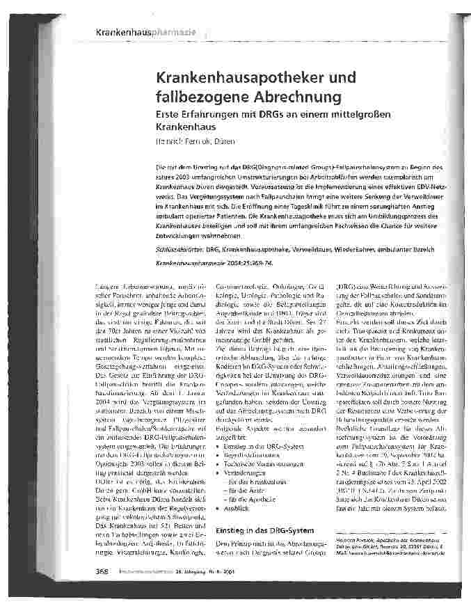 Vorschauseite 1: Krankenhausapotheker und fallbezogene AbrechnungErste Erfahrungen mit DRGs an einem mittelgroßen Krankenhaus