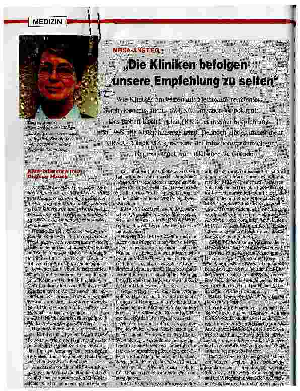 Vorschauseite 1: Die Kliniken befolgen unsere Empfehlung zu seltenMRSA-Anstieg