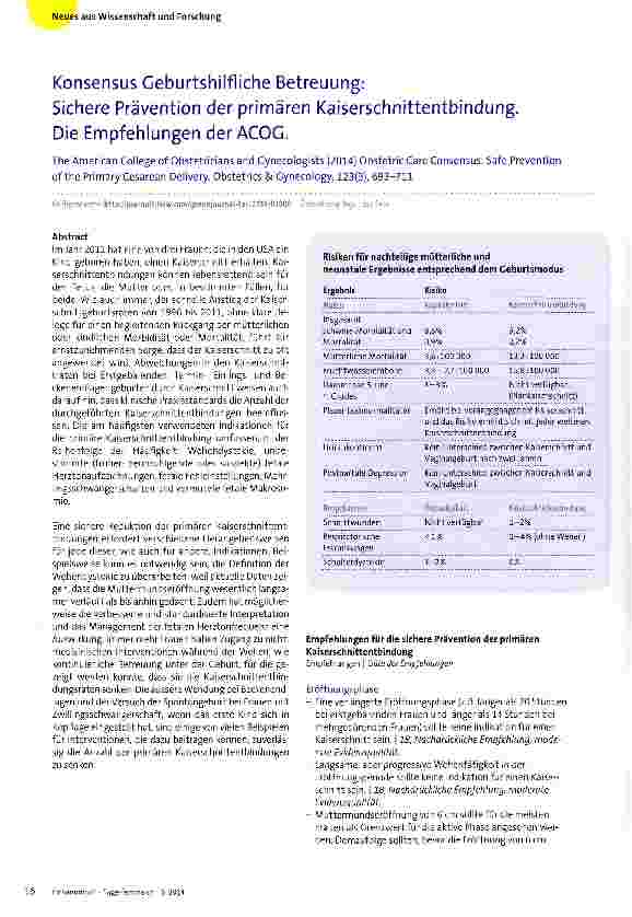 Vorschauseite 1: Konsensus Geburtshilfliche Betreuung: Sichere Prävention der primären Kaiserschnittentbindung. Die Empfehlungen der ACOG.