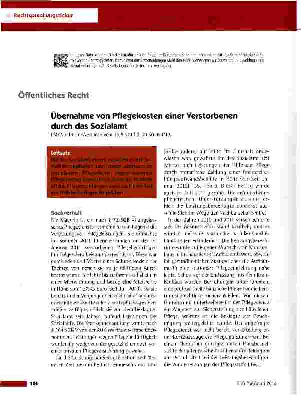 Vorschauseite 1: Übernahme von Pf lesekosten einer Verstorbenen durch das Sozialamt LSG Nordrhein-Westfalen vom 23.9.2013 (L 20 SO 394/12)