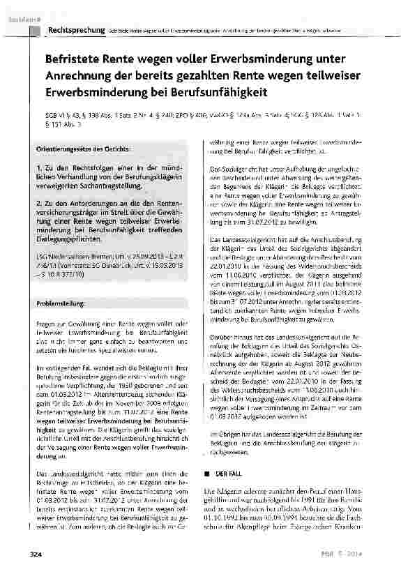 Vorschauseite 1: Befristete Rente wegen voller Erwerbsminderung unter Anrechnung der bereits gezahlten Rente wegen teilweiser Erwerbsminderung bei Berufsunfähigkeit