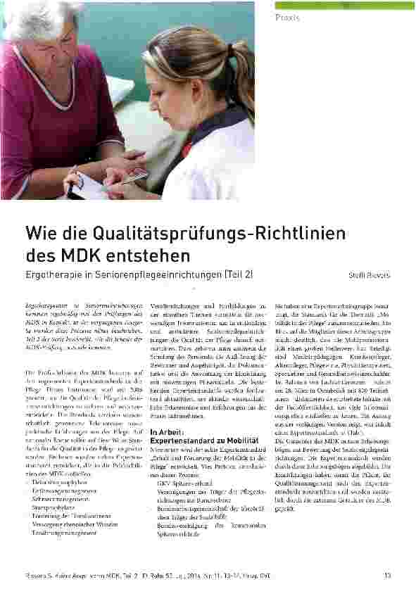 Vorschauseite 1: Wie die Qualitätsprüfungs-Richtlinien des MDK entstehen Ergotherapie in SeniorenpfLegeeinrichtungen (Teil 2)