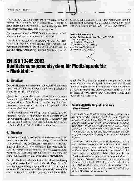 Vorschauseite 1: EN IS013485:2003Oualitätsmanagementsystem für Medizinprodukte - Merkblatt