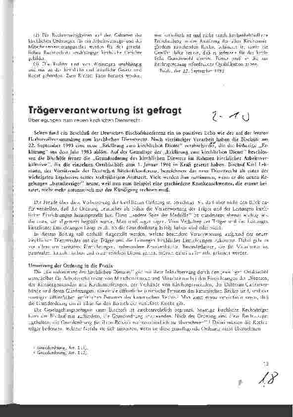 Vorschauseite 1: Trägerverantwortung ist gefragt Überlegungen zum neuen kirchlichen Dienstrecht