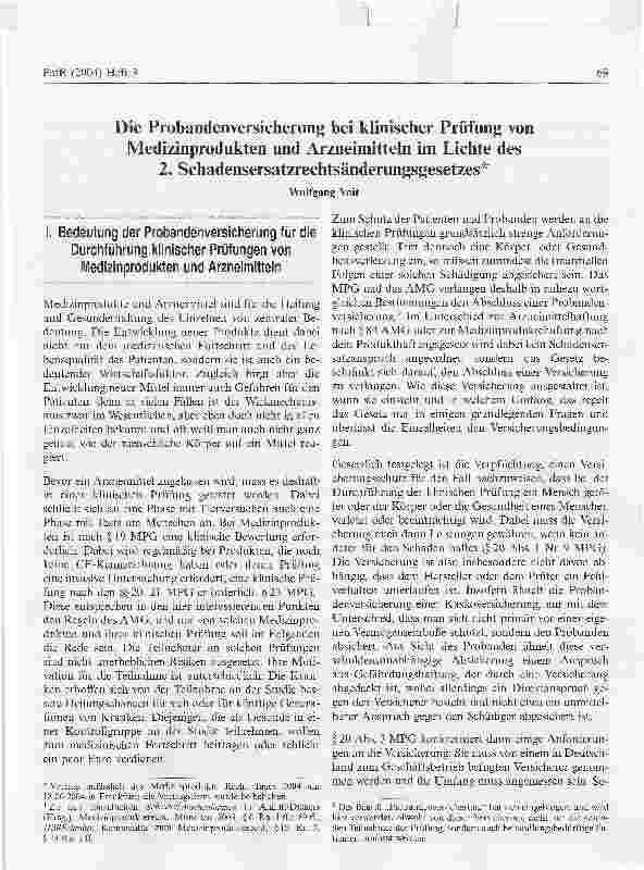 Vorschauseite 1: Die Probandenversicherung bei klinischer Prüfung vonMedizinprodukten und Arzneimitteln im Lichte des2. Schadensersatzrechtsänderungsgesetzes*