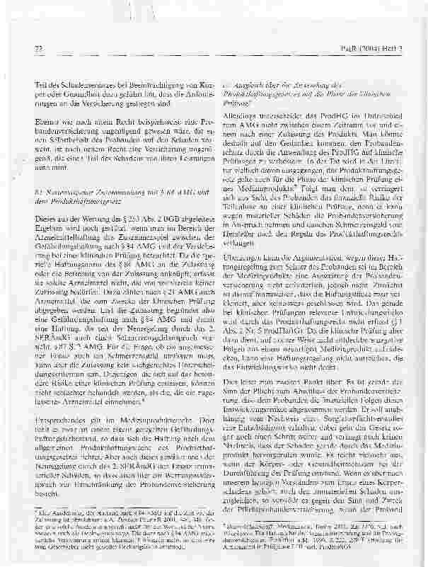 Vorschauseite 4: Die Probandenversicherung bei klinischer Prüfung vonMedizinprodukten und Arzneimitteln im Lichte des2. Schadensersatzrechtsänderungsgesetzes*