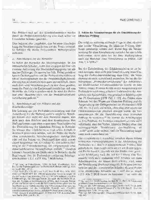 Vorschauseite 6: Die Probandenversicherung bei klinischer Prüfung vonMedizinprodukten und Arzneimitteln im Lichte des2. Schadensersatzrechtsänderungsgesetzes*