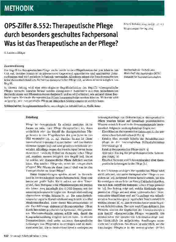 Vorschauseite 1: OPS-Ziffer 8.552: Therapeutische Pflege durch besonders geschultes Fachpersonal Was ist das Therapeutische an der Pflege?