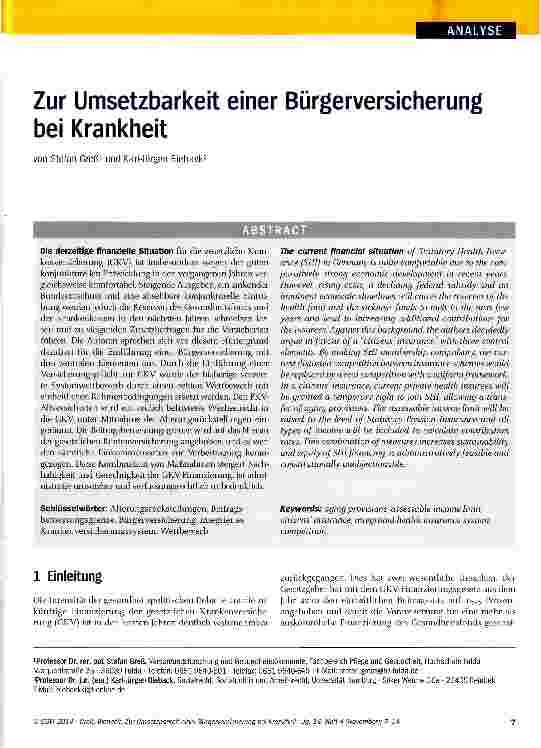 Vorschauseite 1: Zur Umsetzbarkeit einer Bürgerversicherung bei Krankheit