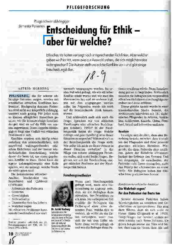 Vorschauseite 1: Entscheidung für Ethik - aber für welche? Pflege schwer abhängiger dementer Menschen