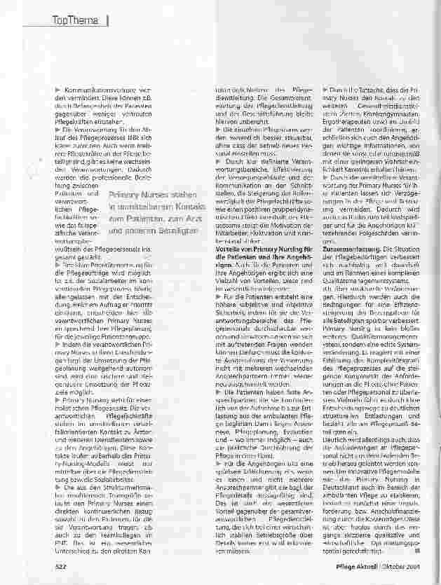Vorschauseite 3: PrimaryNursing in der Ambulanten PflegeIm stationären Bereich ist das Arbeitsmodell der Bezugspflegebereits eingeführt, im ambulanten Bereich nicht. Argumente dafür lesen Sie hier