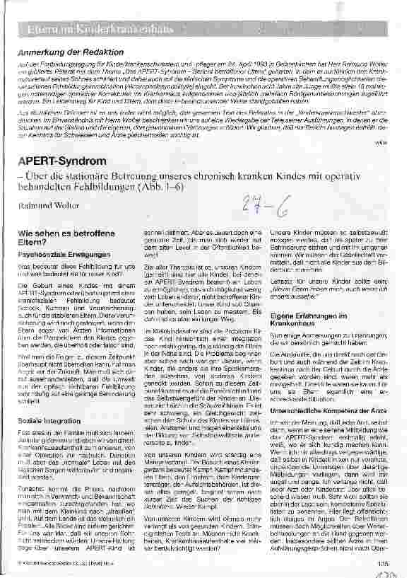 Vorschauseite 1: APERT-Syndrom Über die stationäre Betreuung unseres chronisch kranken Kindes mit operativ behandelten Fehlbildungen