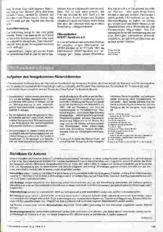 Vorschauseite 4: APERT-Syndrom Über die stationäre Betreuung unseres chronisch kranken Kindes mit operativ behandelten Fehlbildungen