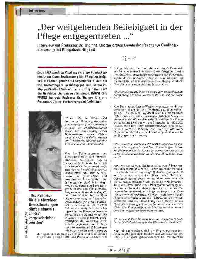 Vorschauseite 1: Der weitgehenden Beliebigkeit in der Pflege entgegentreten... Interview m. Prof.Dr.Th.Klie