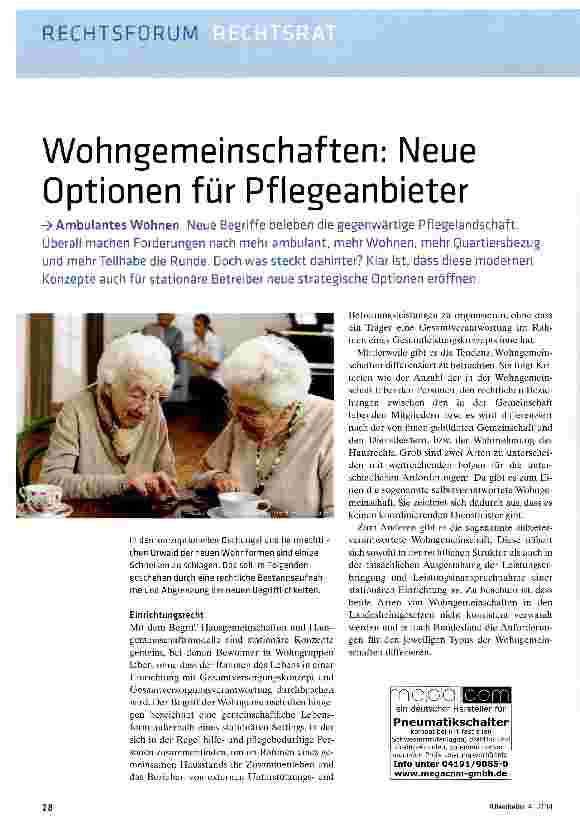 Vorschauseite 1: Wohngemeinschaften: Neue Optionen für Pflegeanbieter