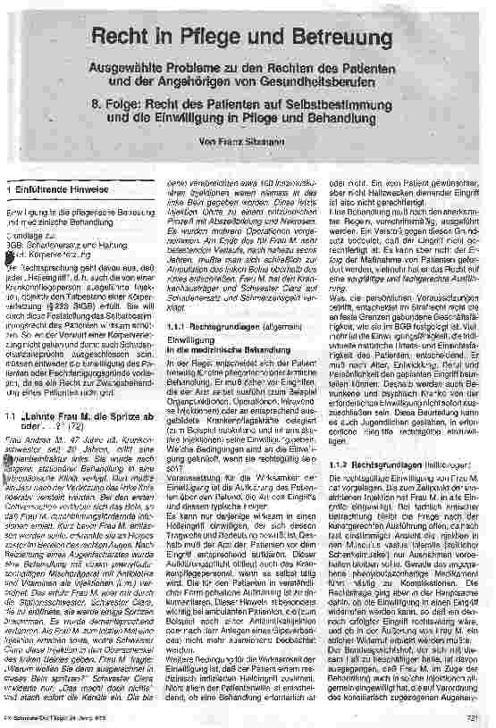 Vorschauseite 1: Recht in Pflege und Betreuung; 8. Folge: Recht des Patienten auf Selbstbestimmung und die Einwilligung in Pflege und Behandlung