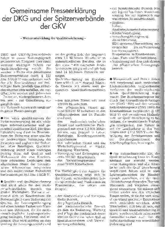 Vorschauseite 1: Gemeinsame Presseerklärung der DKG und der Spitzenverbände der GKV - Weiterentwicklung der Qualitätssicherung -