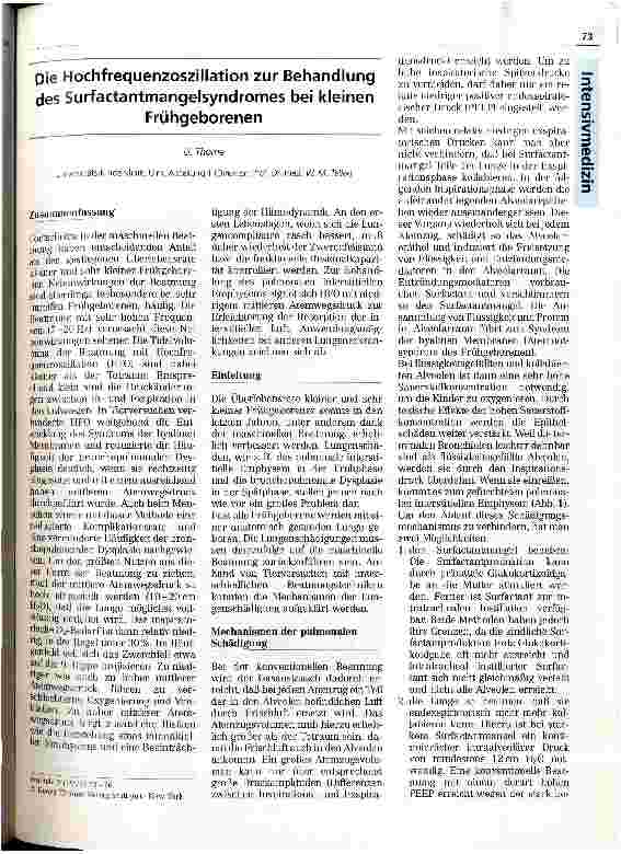 Vorschauseite 1: Die Hochfrequenzoszillation zur Behandlung des Surfactant - mangelsyndromes bei kleinen Frühgeborenen