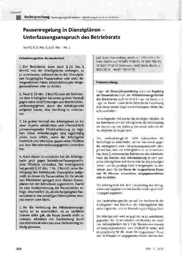 Vorschauseite 1: Pausenregelung in Dienstplänen -Unterlassungsanspruch des BetriebsratsBetrVG § 23 Abs. 3, § 87 Abs. 1 Nr. 2