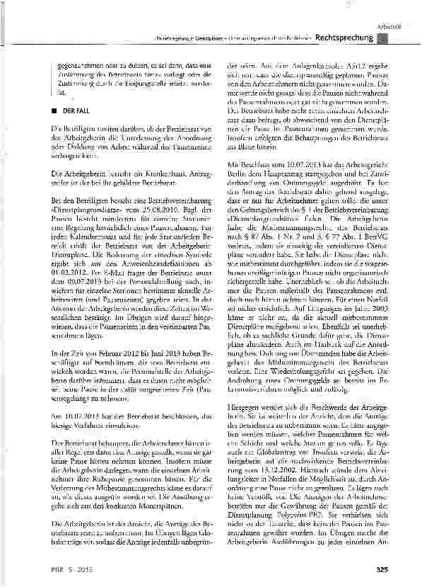 Vorschauseite 2: Pausenregelung in Dienstplänen -Unterlassungsanspruch des BetriebsratsBetrVG § 23 Abs. 3, § 87 Abs. 1 Nr. 2