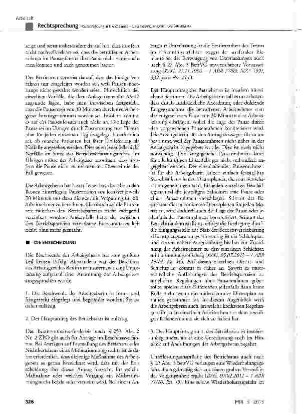 Vorschauseite 3: Pausenregelung in Dienstplänen -Unterlassungsanspruch des BetriebsratsBetrVG § 23 Abs. 3, § 87 Abs. 1 Nr. 2