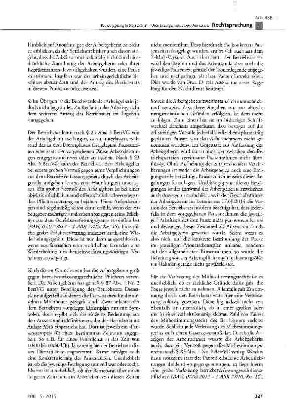 Vorschauseite 4: Pausenregelung in Dienstplänen -Unterlassungsanspruch des BetriebsratsBetrVG § 23 Abs. 3, § 87 Abs. 1 Nr. 2